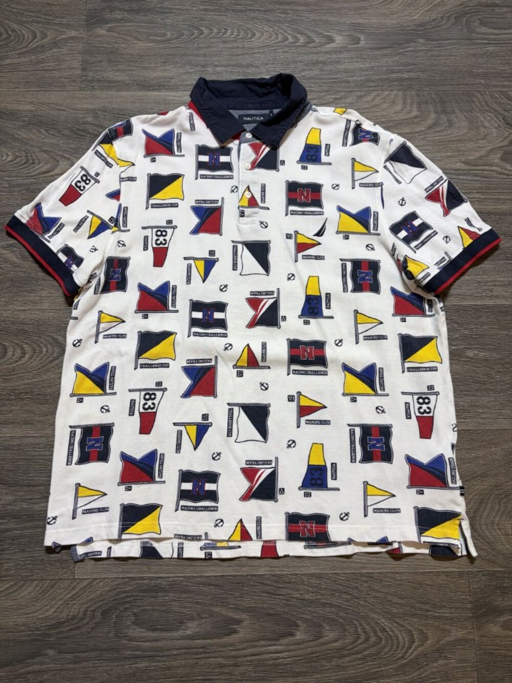 Nautica XL Polo Shirt Nautical Flag Classic Fit White Marine Club Sailing Team